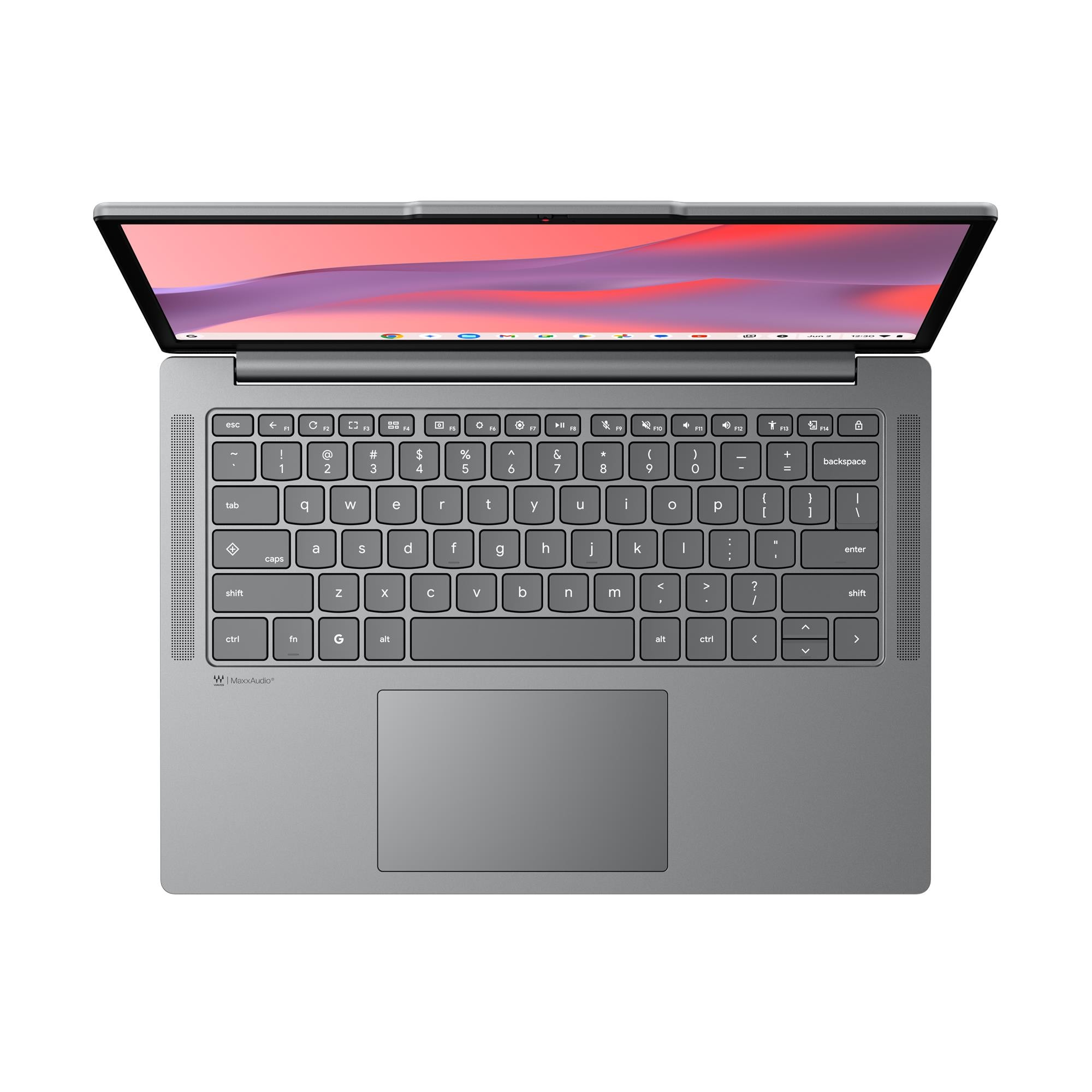 Vista dall'alto di un laptop grigio aperto che mostra tastiera, trackpad e schermo colorato su uno sfondo bianco.