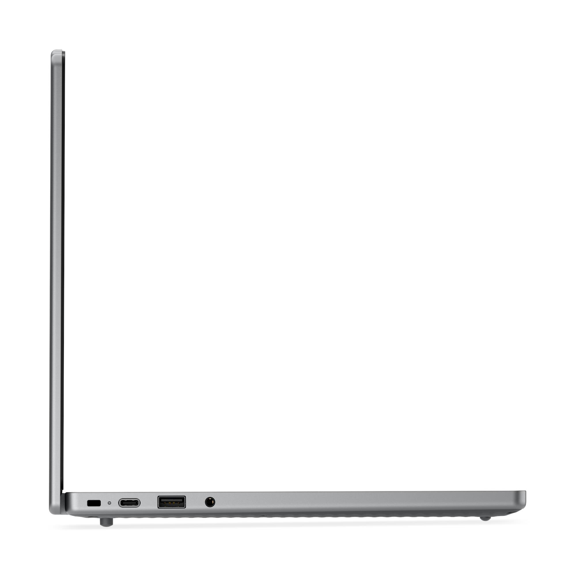 Vista laterale di un laptop argento con porte USB-C, USB-A e jack audio su sfondo bianco.