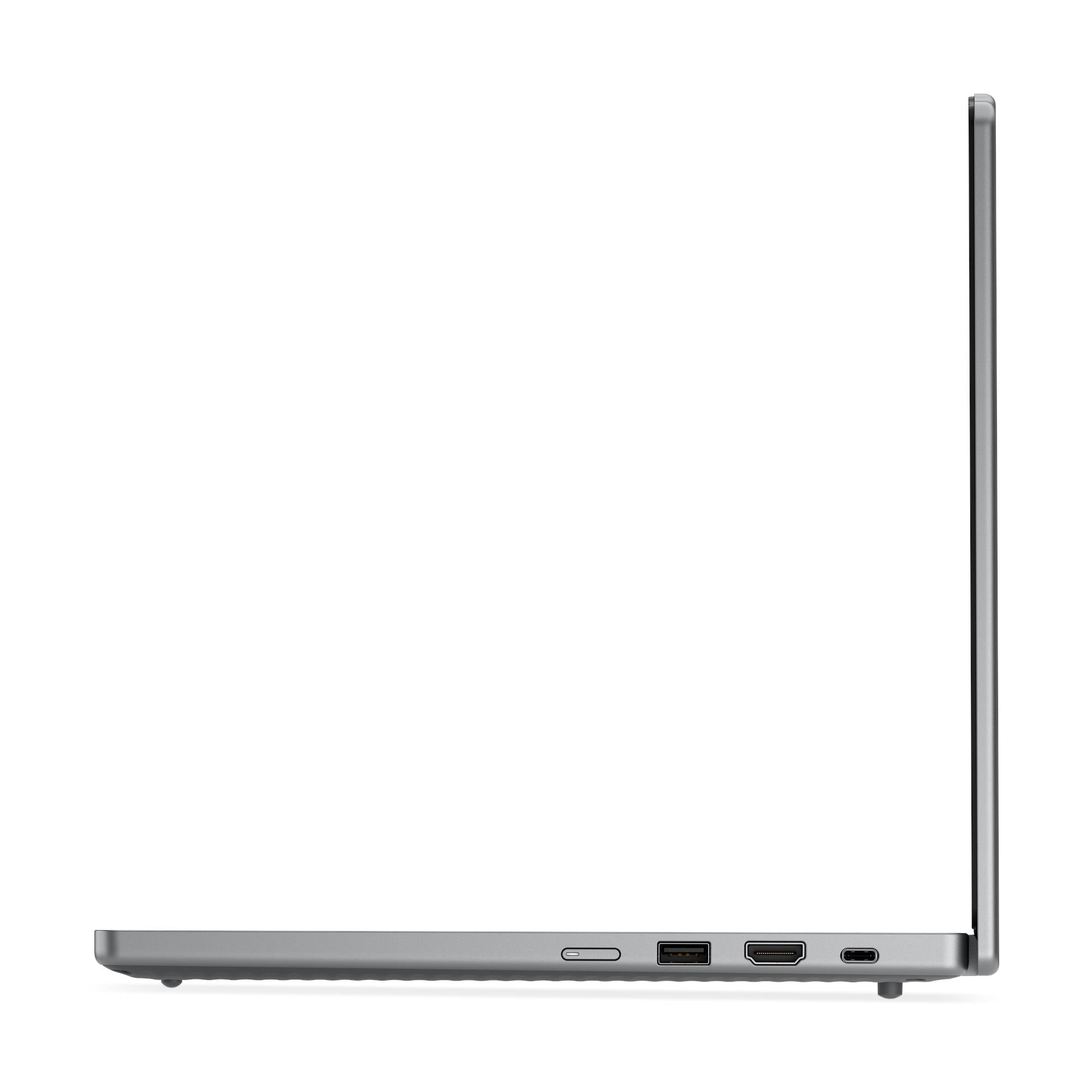 Profilo del lato sinistro di un computer portatile grigio con porte USB, HDMI e USB-C su sfondo bianco.