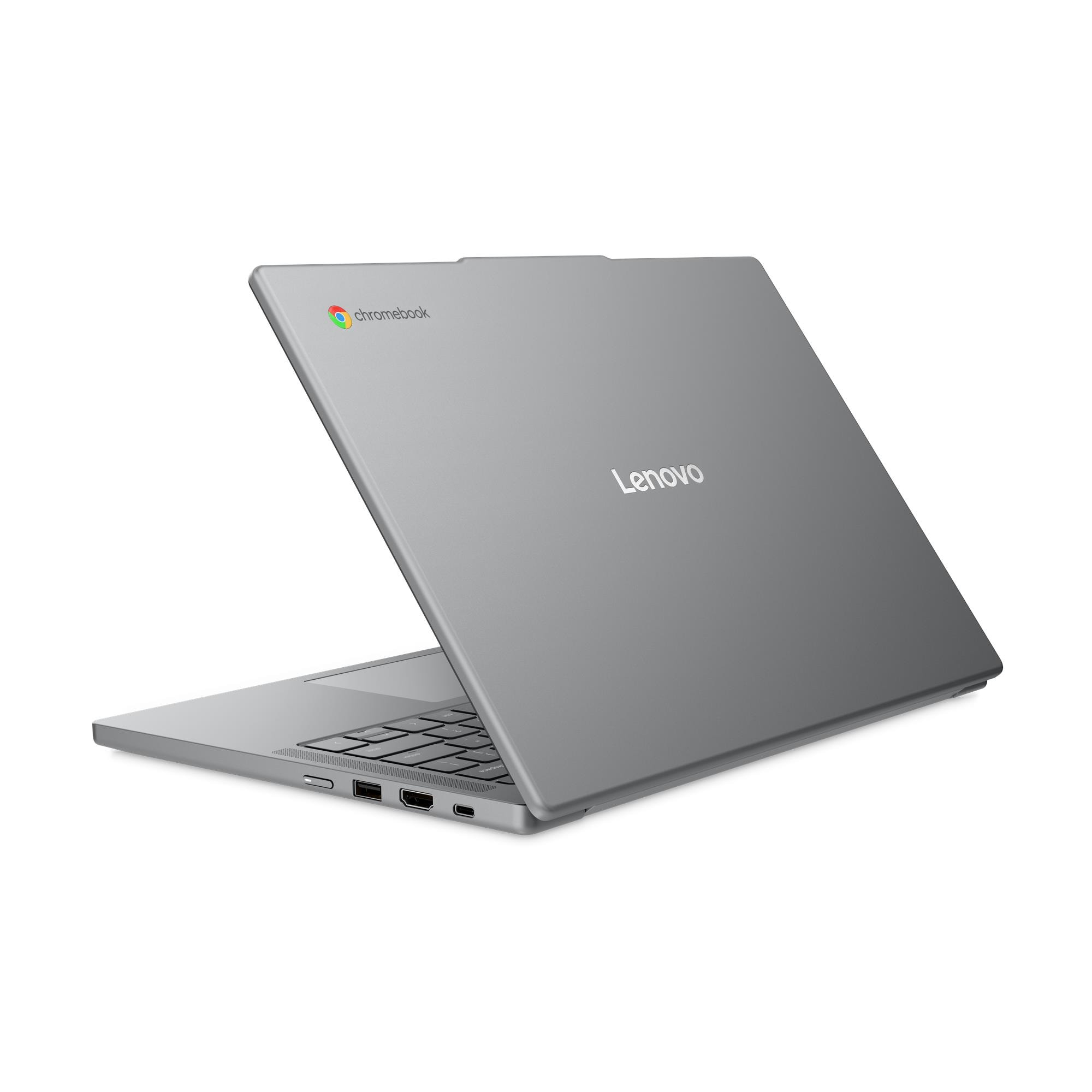 Un computer portatile Lenovo Chromebook grigio, aperto su una superficie bianca.