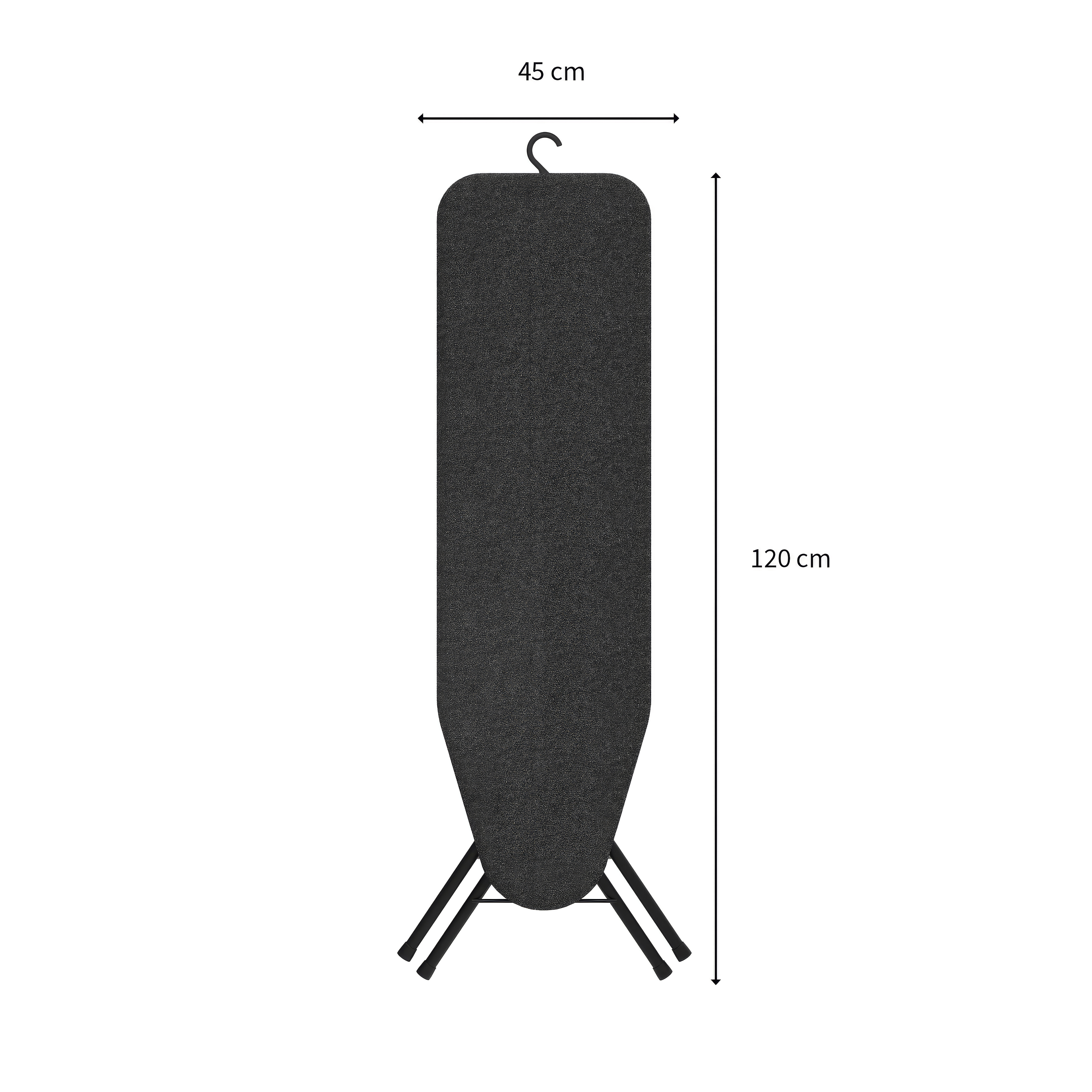 Fekete vasalódeszka ábrája 45 cm szélességgel és 120 cm magassággal.