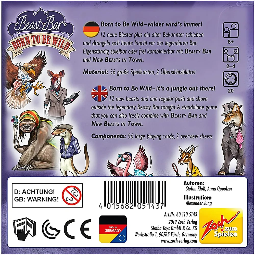 Rückseite der Spieleverpackung von Beast Bar Born to be Wild mit tierischen Illustrationen und Infotexten.