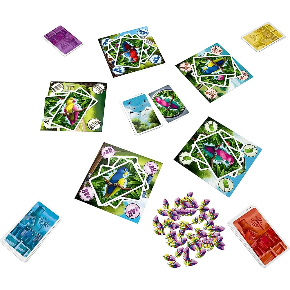 Kartenspiel mit bunten Papageien, Spielfeldern und Blättern auf weißem Grund.