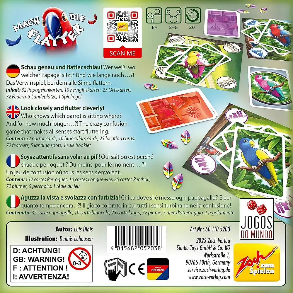 Rückseite der Spieleverpackung von 'Mach die Flatter!' mit Spielkarten, bunten Federn und Infos in vier Sprachen.
