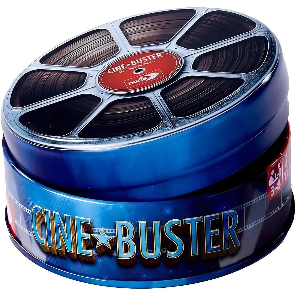 Blaue, zylindrische Dose mit Filmspulen-Motiv oben und der Aufschrift CINE BUSTER.