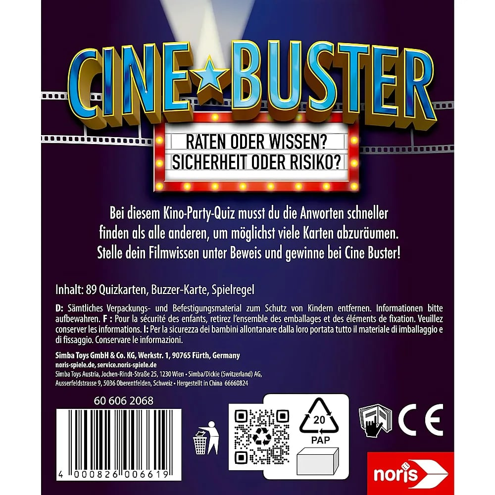 Rückseite der Spielverpackung Cine Buster mit Texten, Barcode und Herstellerinfos.