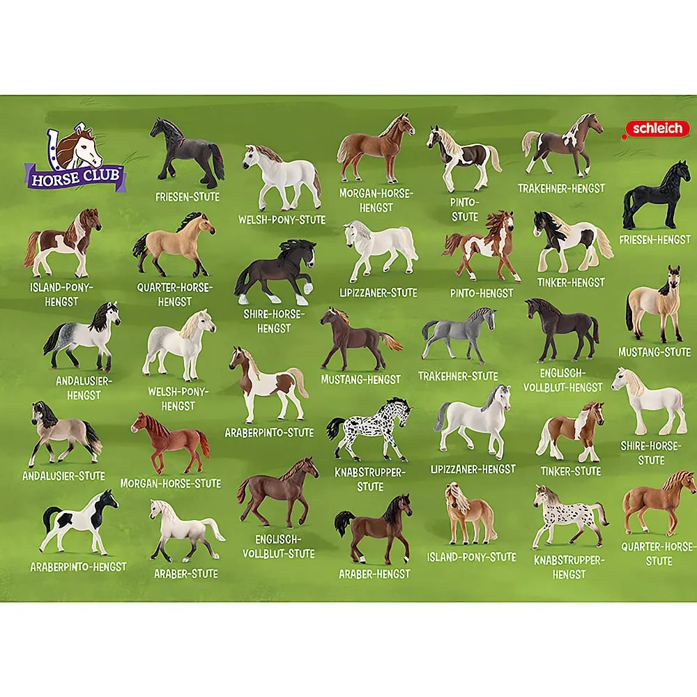 Poster mit verschiedenen Schleich-Pferdefiguren und Rassenbezeichnungen auf grünem Hintergrund.