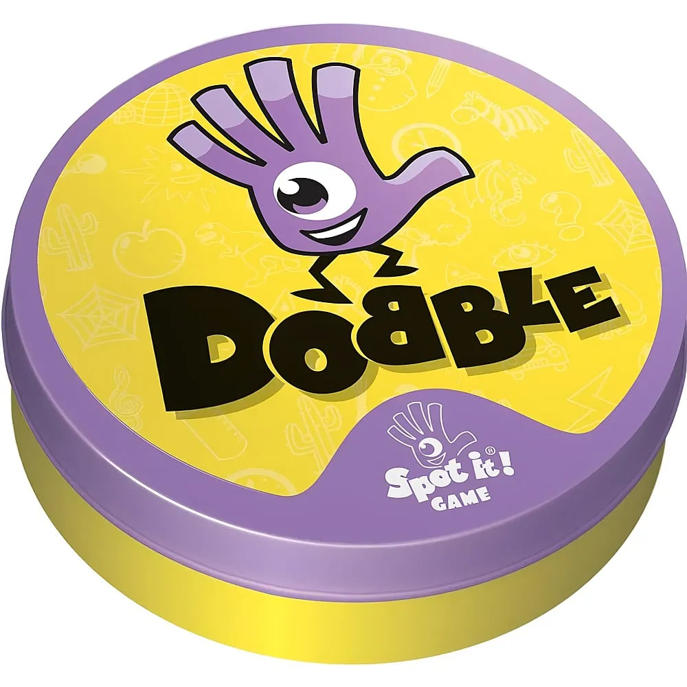 Boîte ronde jaune et violette du jeu Dobble avec une main violette souriante et un œil.