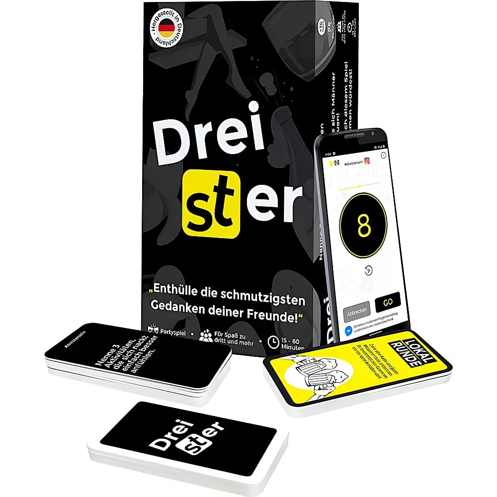 Das Kartenspiel Dreister mit Box, Smartphone und verschiedenen Spielkarten auf weißem Hintergrund.