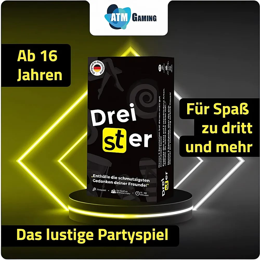 Das Kartenspiel "Dreister" auf einem Podium mit gelben Neonelementen.
