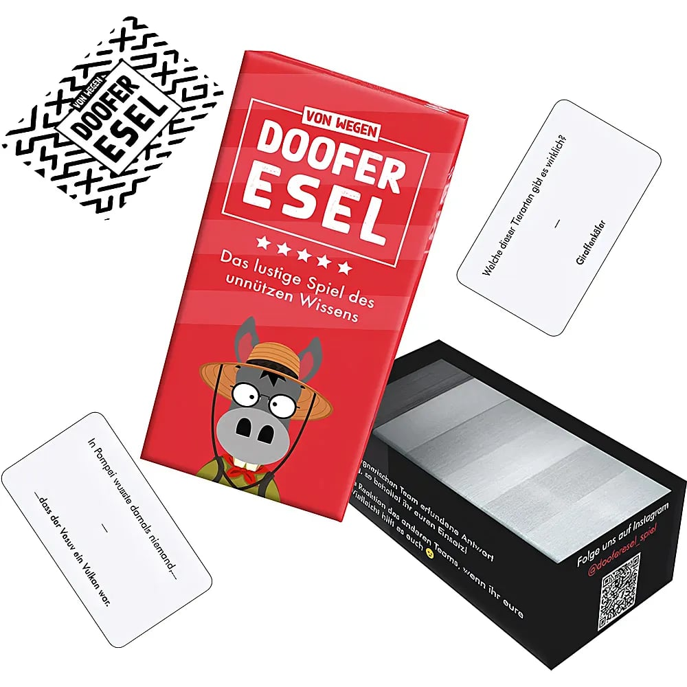 Eine Spielbox für 'VON WEGEN DOOFER ESEL' mit rotem Cover, Esel-Cartoon, Karten und offener Box.