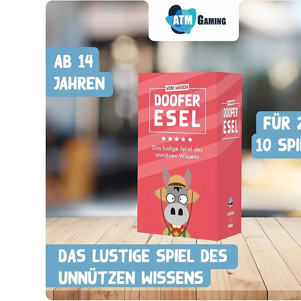 Ein rotes Kartenspiel namens Doofer Esel auf einem Holztisch, mit Textblöcken über Alter und Spieleranzahl.