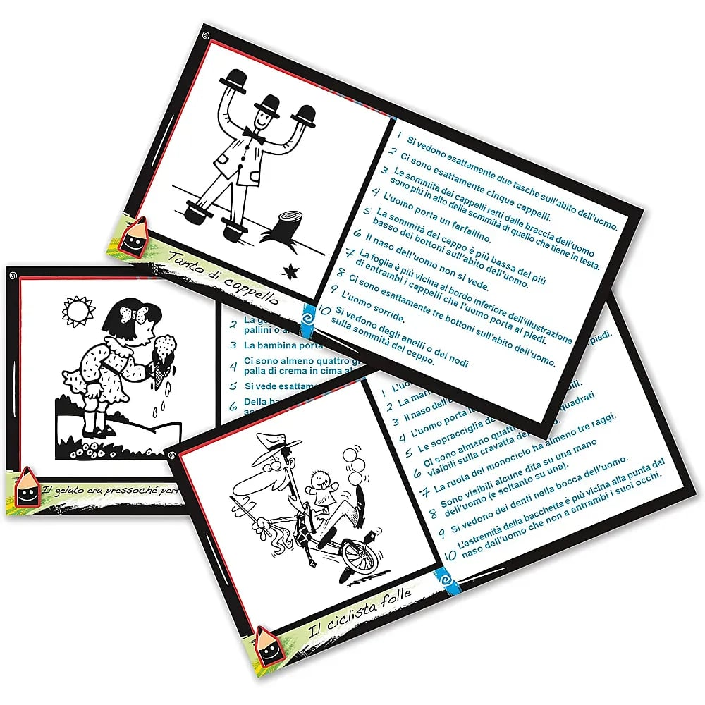 Tre carte da gioco con disegni in bianco e nero e testi in italiano mostrano un uomo, una bambina e un ciclista.