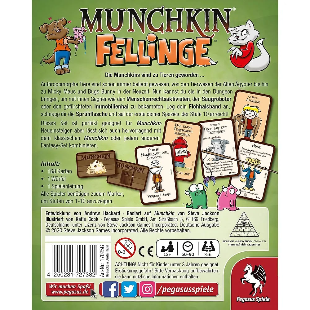 Rückseite der Spieleverpackung von Munchkin Fellinge mit Regeln, Karten und Illustrationen.