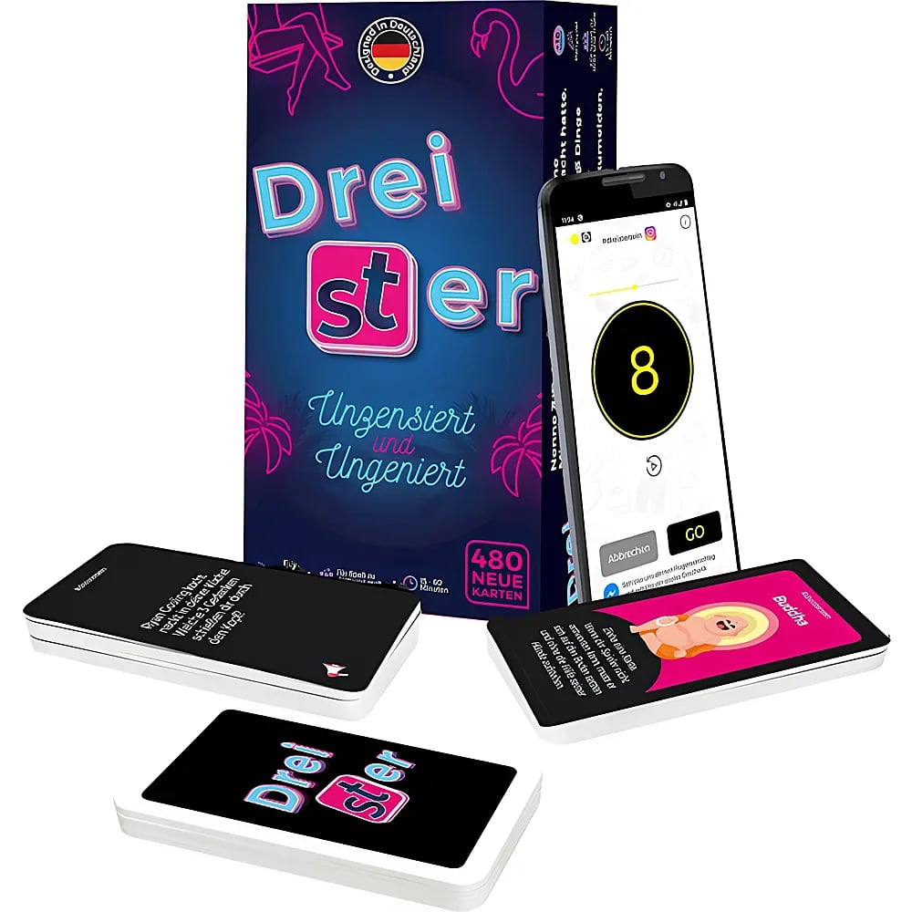 Das Kartenspiel Dreister mit Schachtel, Kartenstapeln und einer Smartphone-App mit Timer.