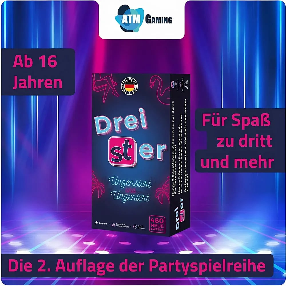 Kartenspiel Drei ster in 2. Auflage auf blau-pinkem Hintergrund mit Texten.