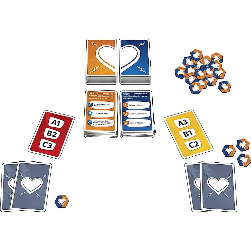 Disposizione di gioco di carte con carte arancioni, blu, rosse e gialle e gettoni a forma di cuore.