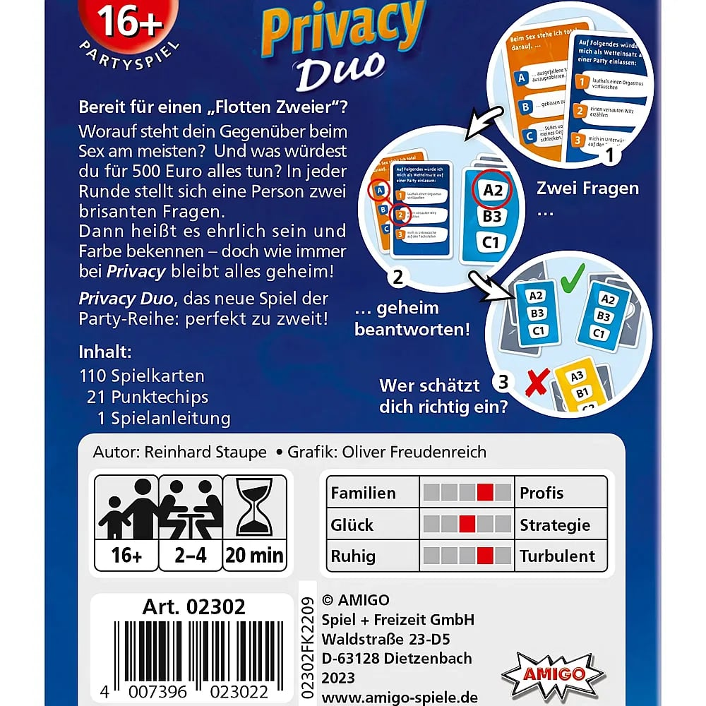 Retro della scatola del gioco da tavolo Privacy Duo con regole e grafica.
