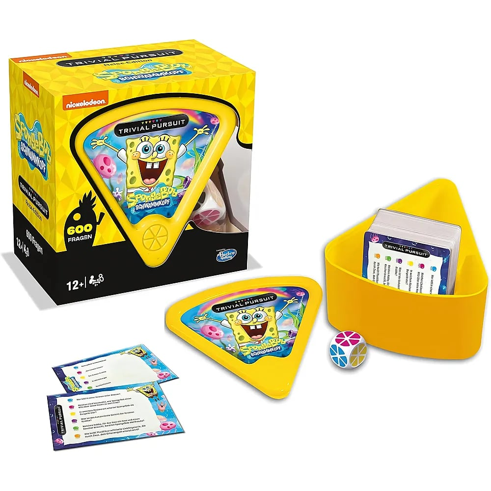 SpongeBob Trivial Pursuit Reisedezision mit gelber dreieckiger Box, Karten und buntem Würfel auf weißem Grund.