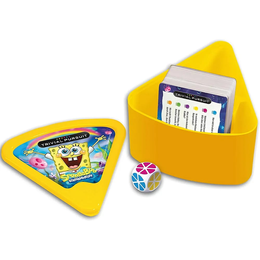 SpongeBob Trivial Pursuit Spiel mit gelbem Keimkasten, Fragekarten und farbigem Würfel auf weißem Hintergrund.