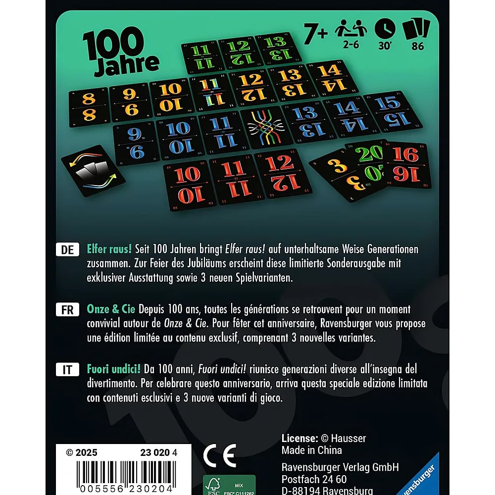 Rückseite der Spieleverpackung von 100 Jahre Elfer raus mit Spielkarten und Texten auf Deutsch, Französisch und Italienisch.