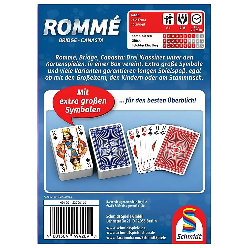 Dos de la boîte de jeu Romme avec du texte, des icônes et des exemples de grandes cartes.