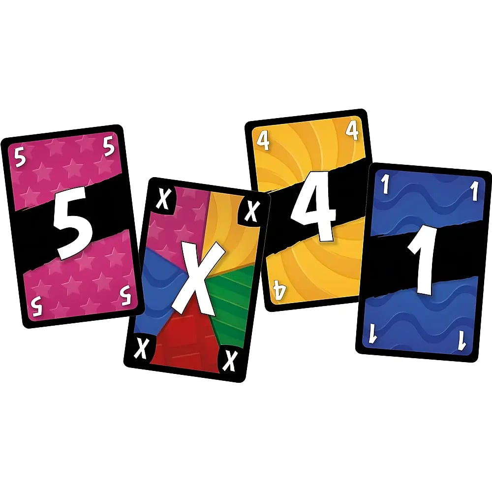 Vier bunte Spielkarten mit den Zahlen 5, X, 4 und 1 auf weißem Hintergrund.