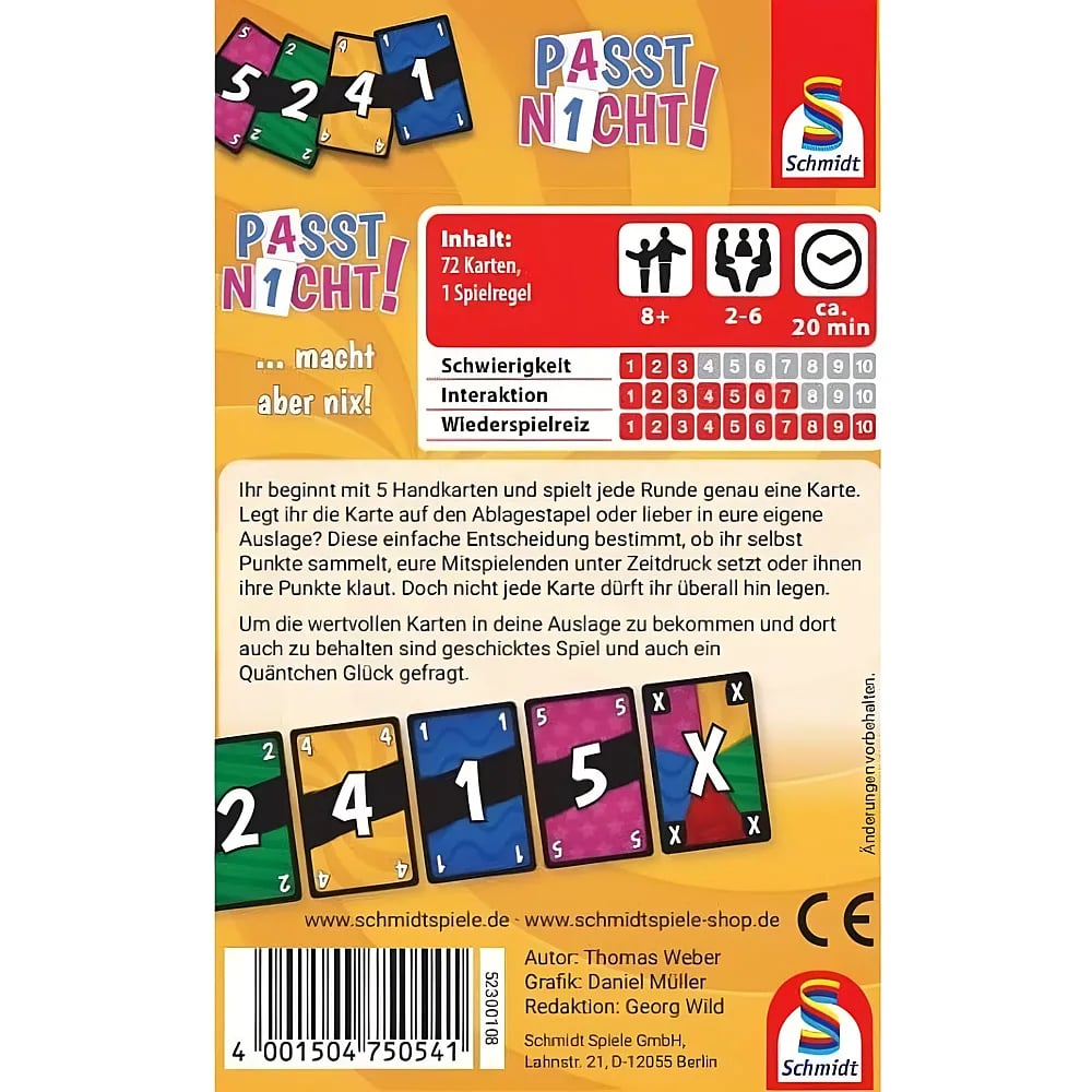 Rückseite der Kartenspielverpackung von Passt nicht mit Spielregeln, Symbolen und bunten Kartenbeispielen.