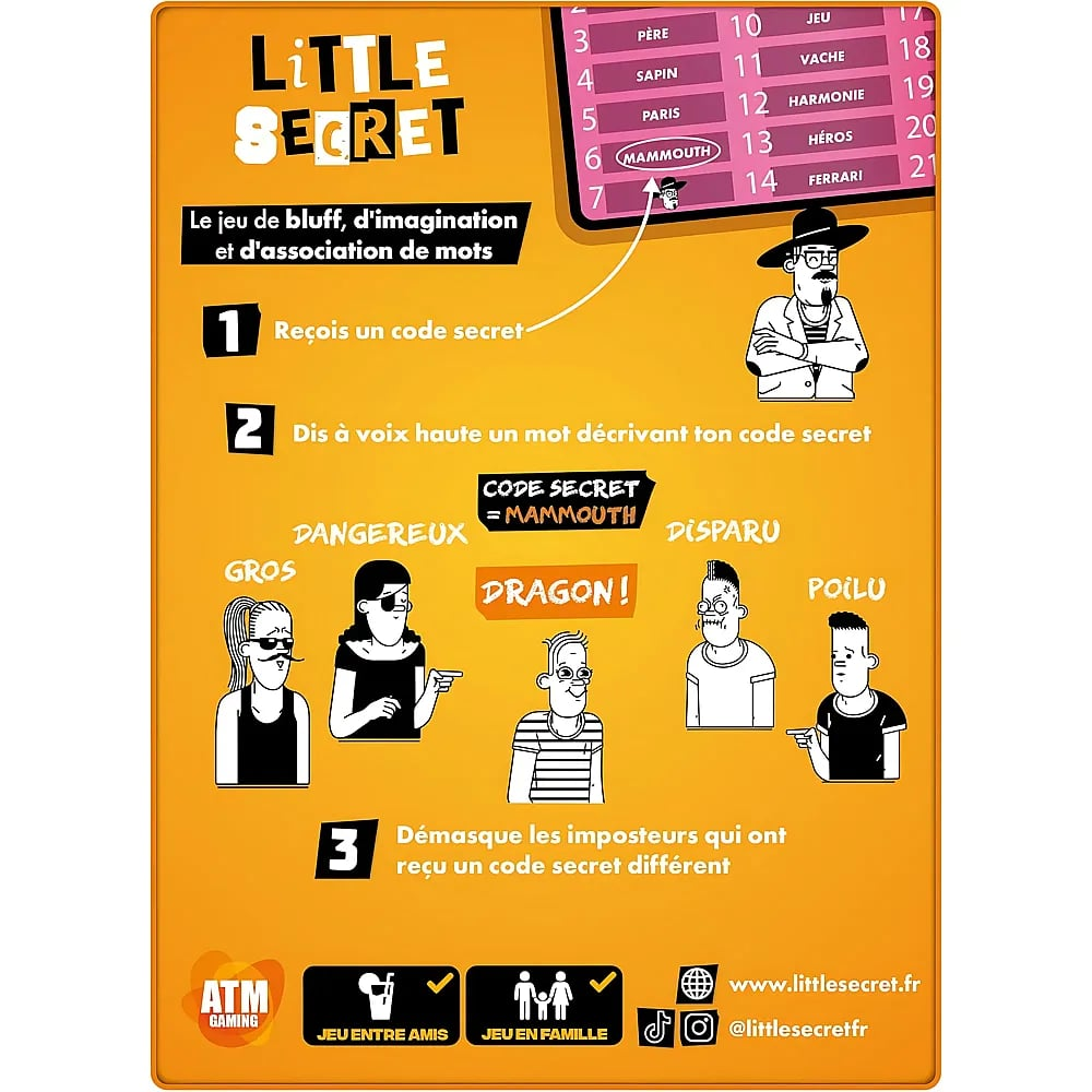 Spielanleitung für das Wortspiel Little Secret mit gelbem Hintergrund, Cartoon-Figuren und Schritten.
