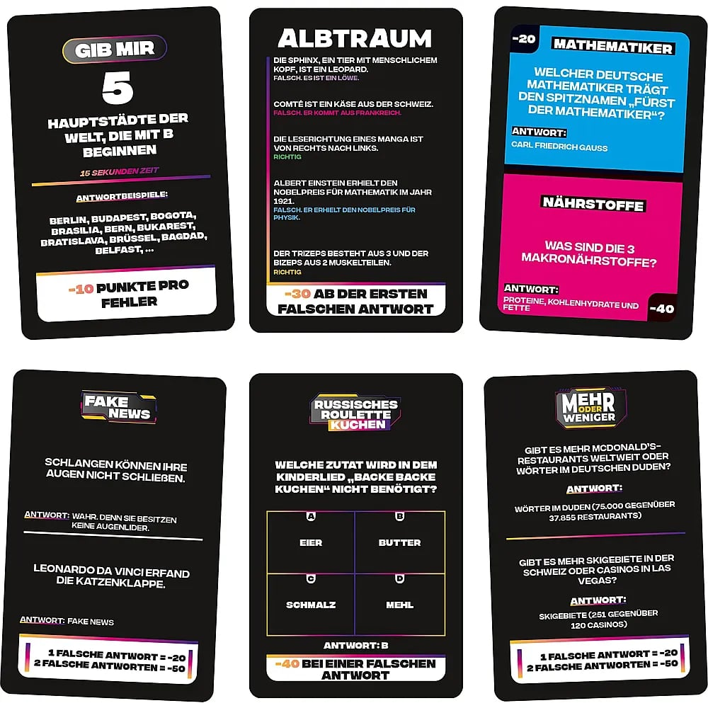 Sechs schwarze Trivia-Spielkarten mit deutschen Fragen und Antworten zu verschiedenen Themen.