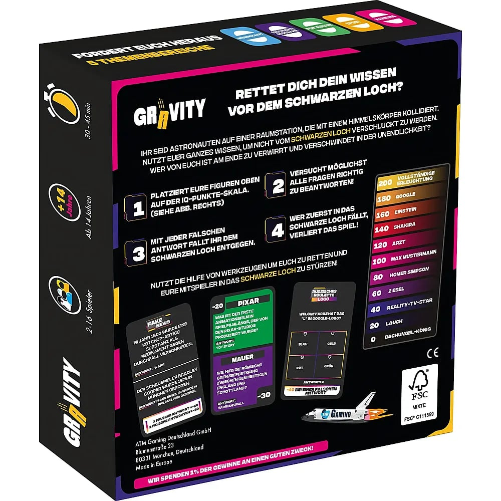Rückseite der Brettspielverpackung Gravity mit Regeln, Fragekarten und einer IQ-Skala auf schwarzem Hintergrund.