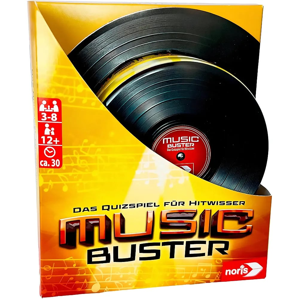 Gelbe Verpackung des Quizspiels Music Buster mit zwei schwarzen Schallplatten als Motiv.
