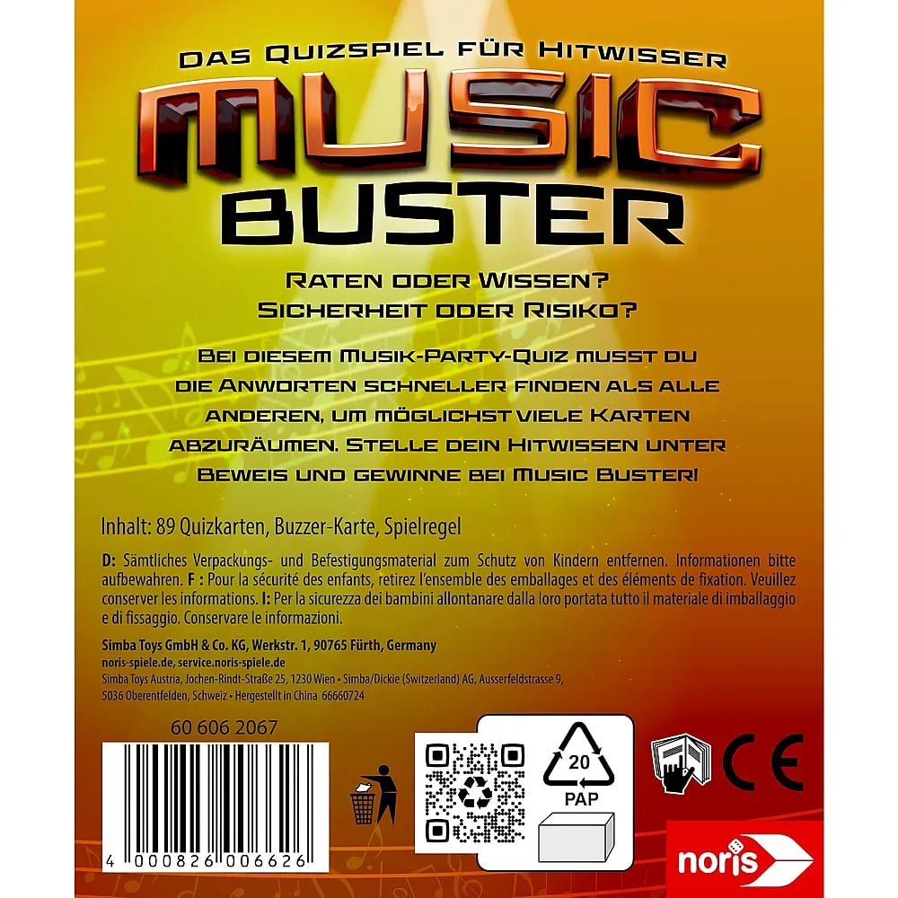 Rückseite der Music Buster Quiz-Verpackung mit Spielregeln, Barcode, Herstellerdetails und Symbolen.