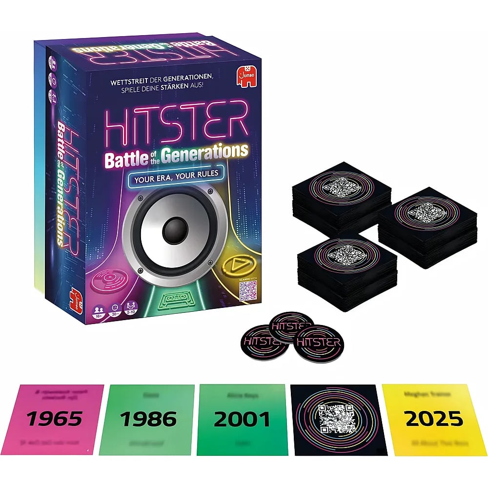 Hitster Battle of the Generations Spielschachtel mit Kartenstapeln, runden Token und fünf Beispielkarten.