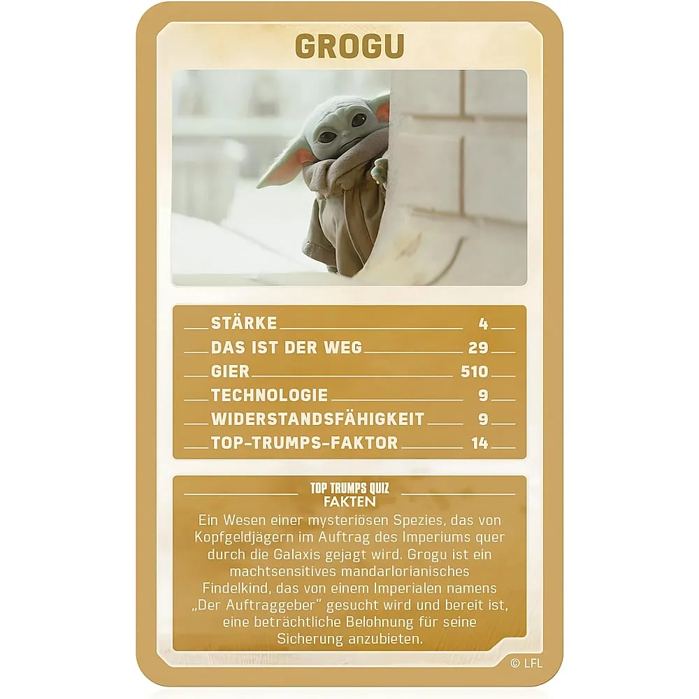 Top-Trumps-Karte mit Grogu, Statistiken und Text auf Deutsch.