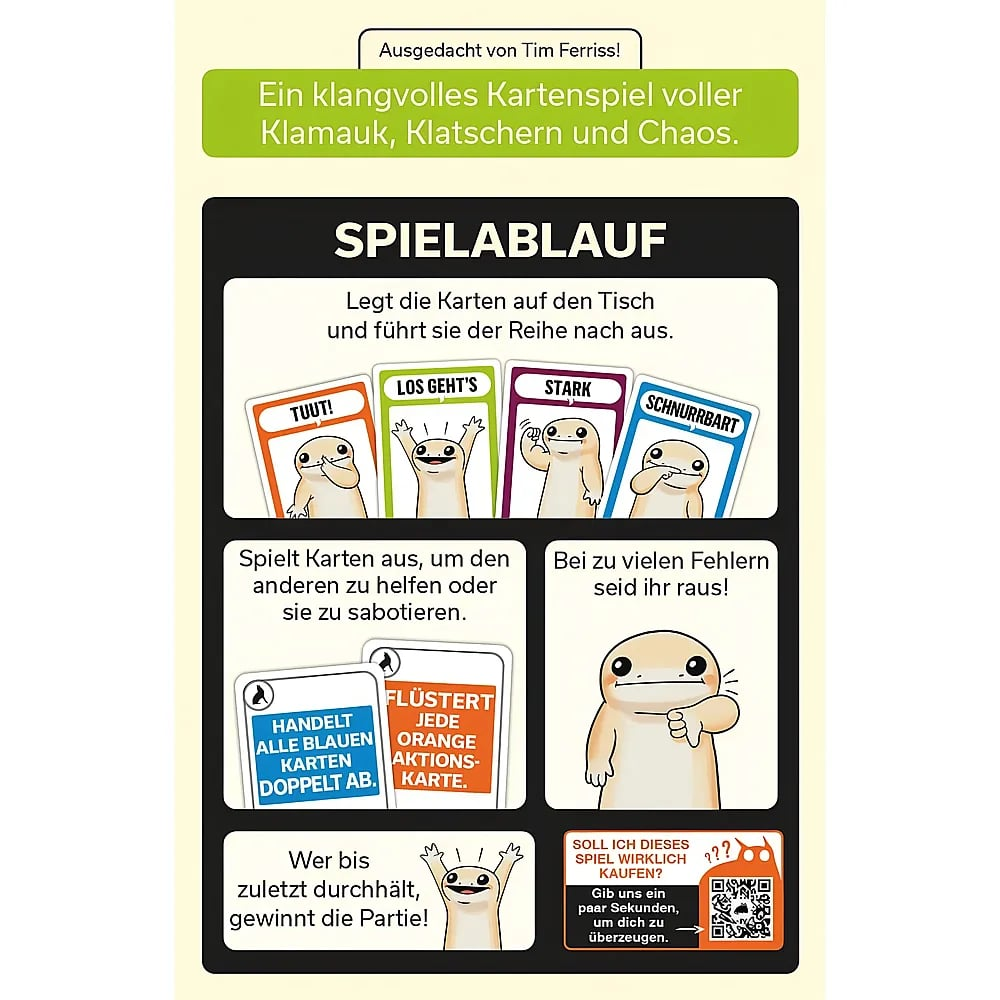 Spielanleitung für ein Kartenspiel mit niedlichen gelben Charakteren und Texten auf Deutsch.