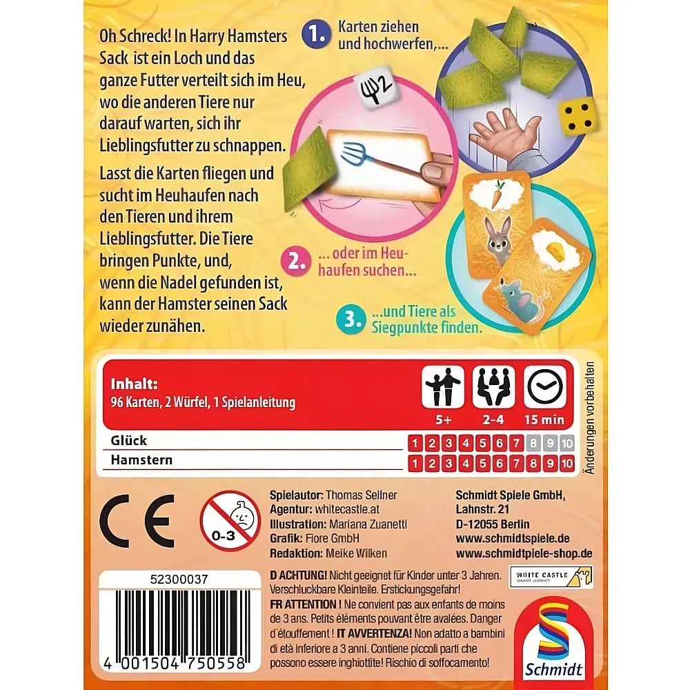 Rückseite der Harry Hamsters Brettspielverpackung mit Anleitung, Spielteilen, Spieleranzahl und Verlagsinfos.