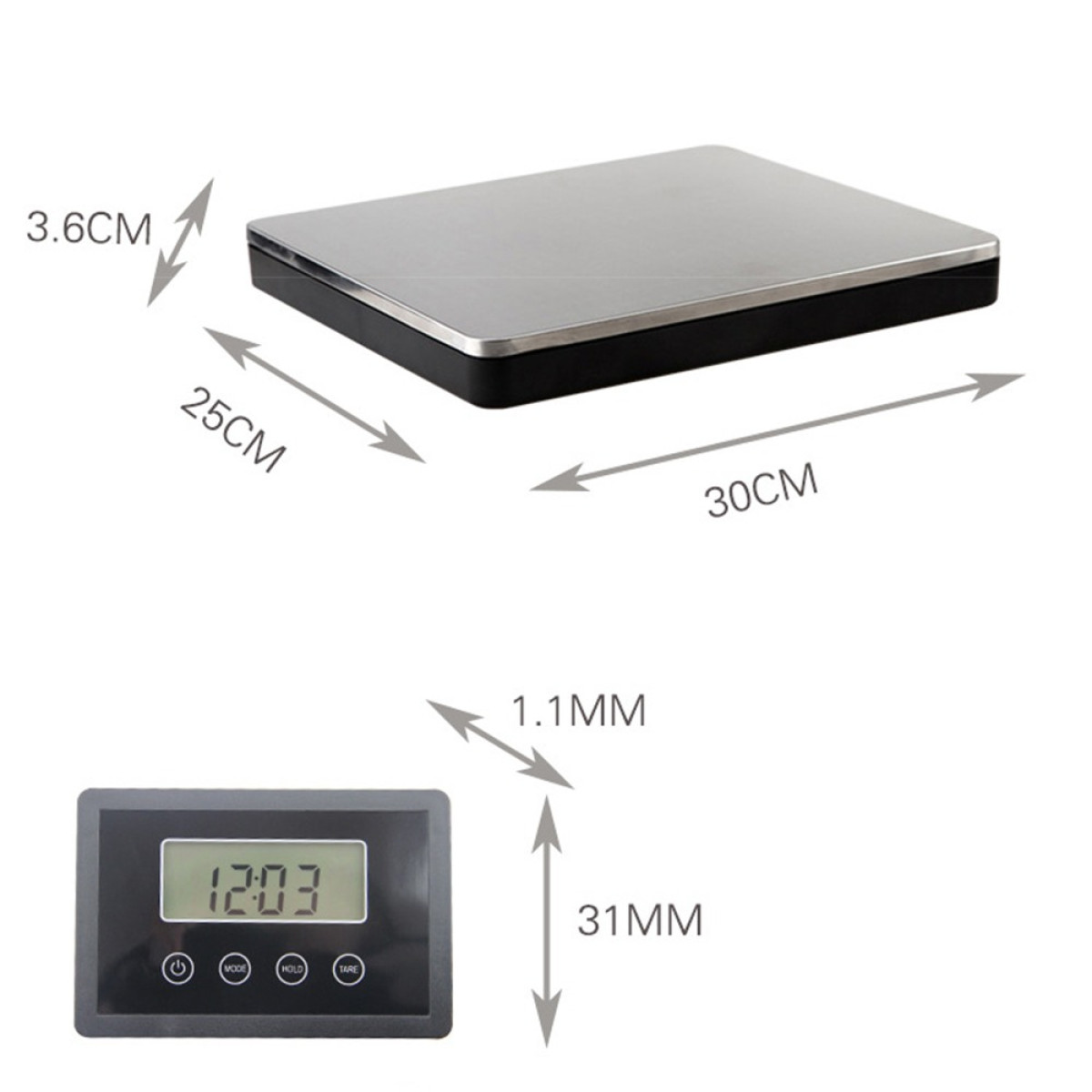 Digitale Waage mit abgesetztem Display und Maßangaben in Zentimetern und Millimetern.