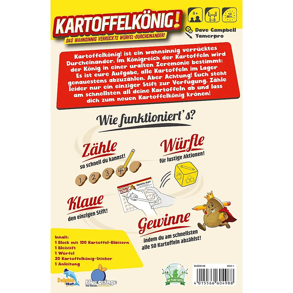 Rückseite des Brettspiels Kartoffelkönig mit Regeln, Symbolen, Spielinhalt und einer cartoonartigen Kartoffelfigur.