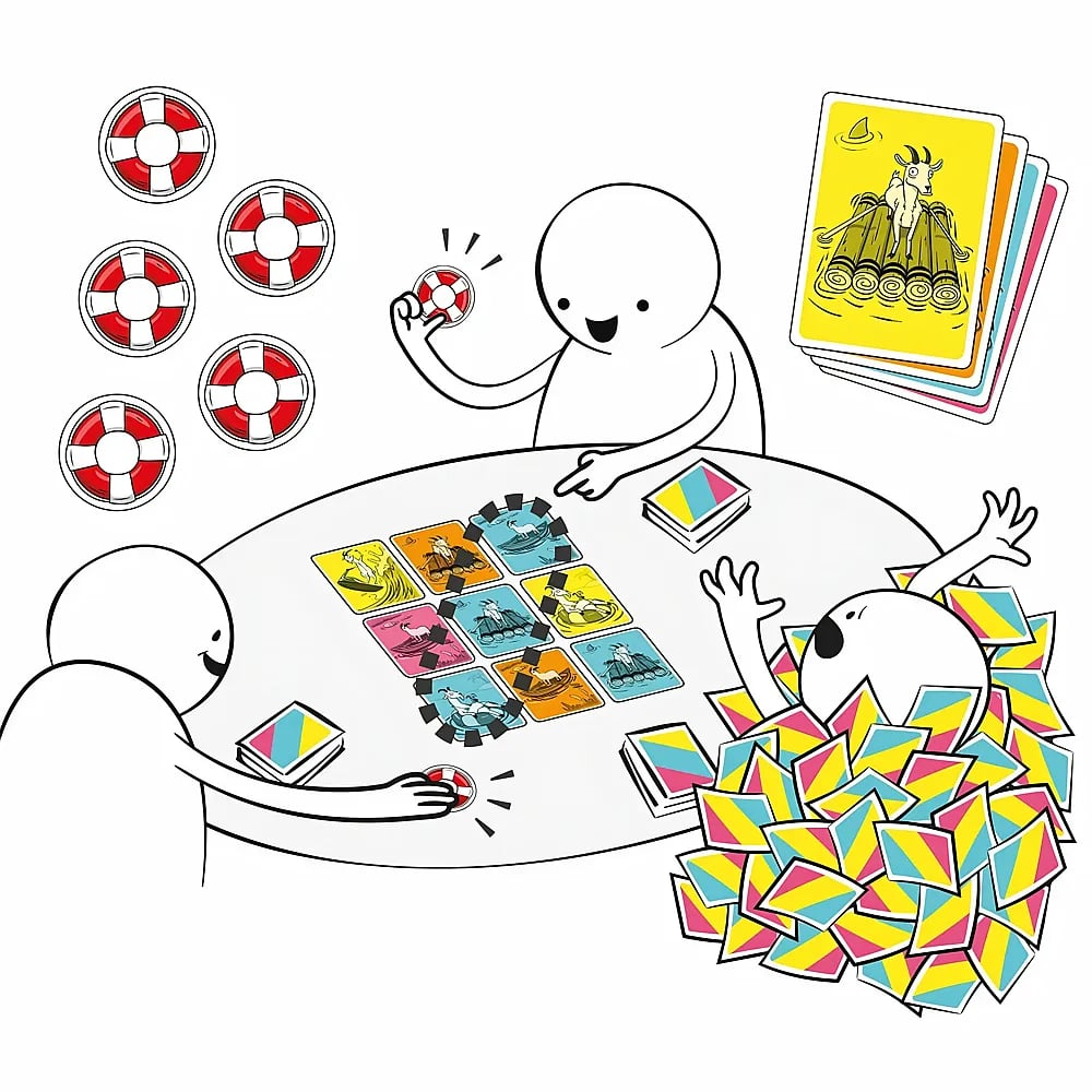 Drei Cartoon-Figuren spielen an einem Tisch Kartenspiel, umgeben von Rettungsringen und bunten Karten.