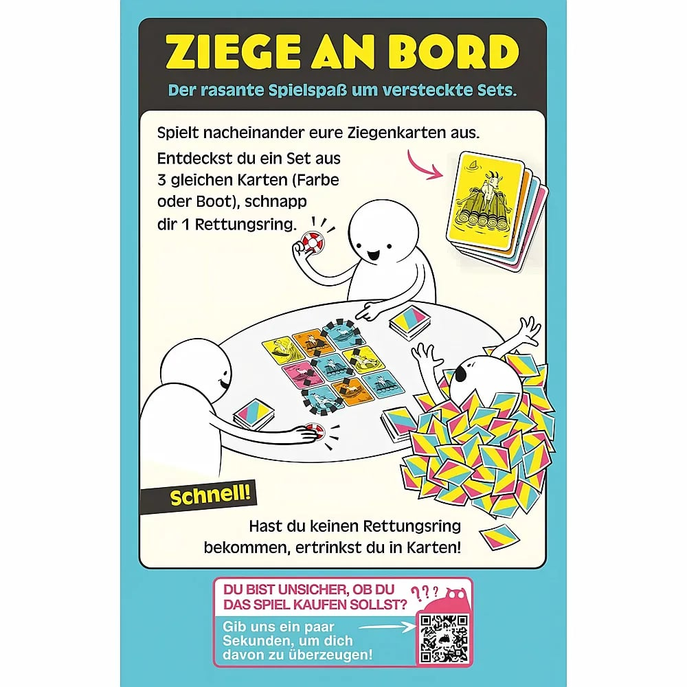 Illustration zum Brettspiel Ziege an Bord mit Spielregeln, Figuren und Karten auf blauem Hintergrund.