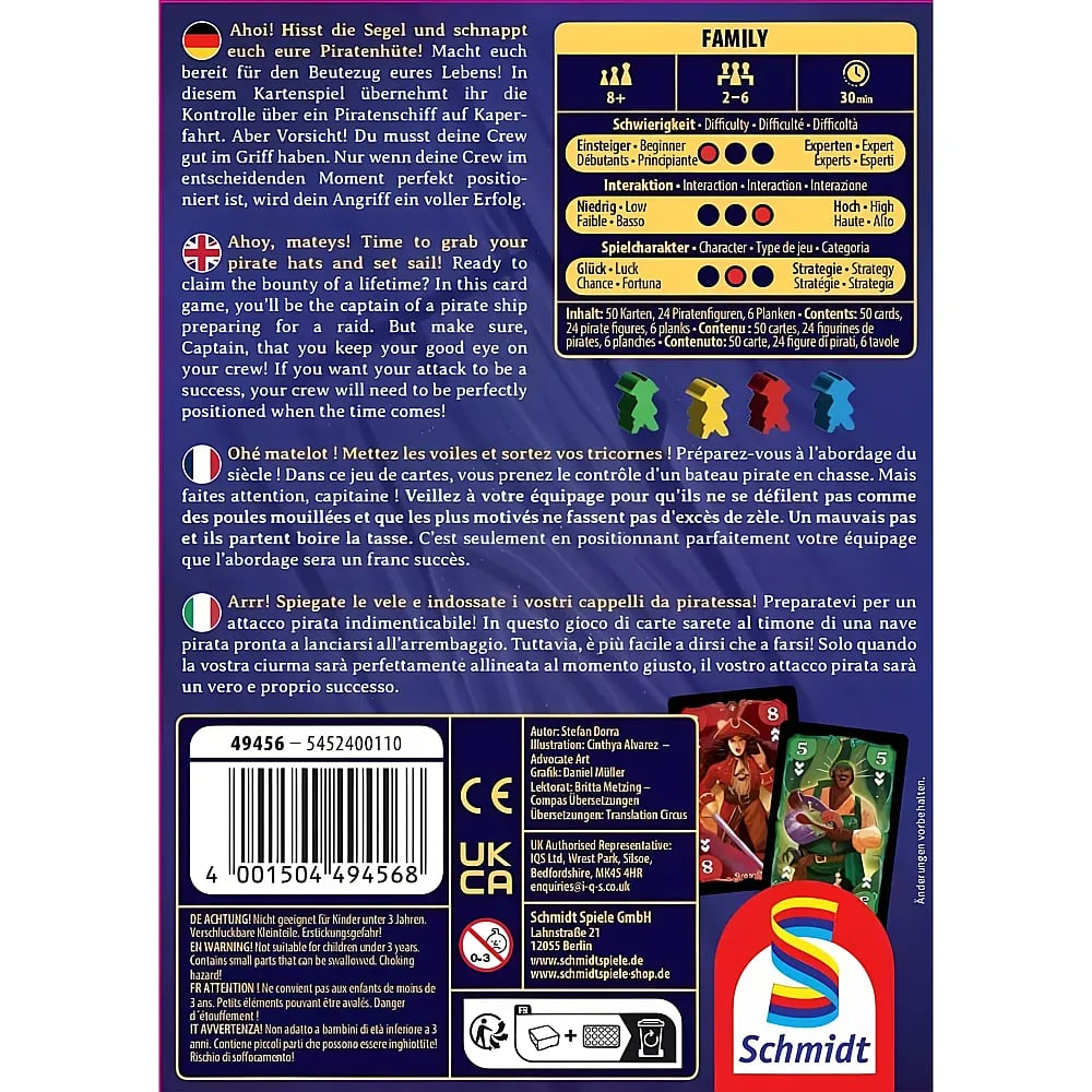 Rückseite einer Spieleverpackung mit Text, Spielregeln, Balkencode und Schmidt Spiele Logo auf blauem Hintergrund.