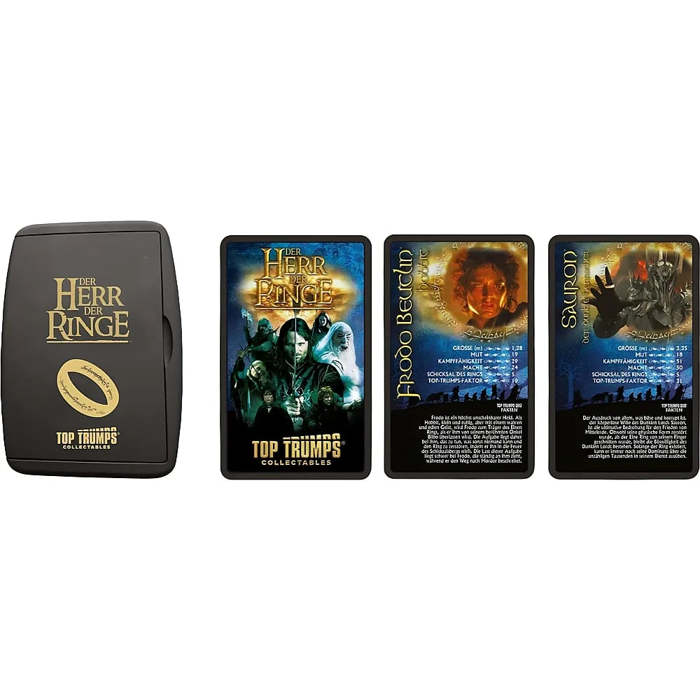 Der Herr der Ringe Top Trumps Metalldose und drei Sammelkarten.