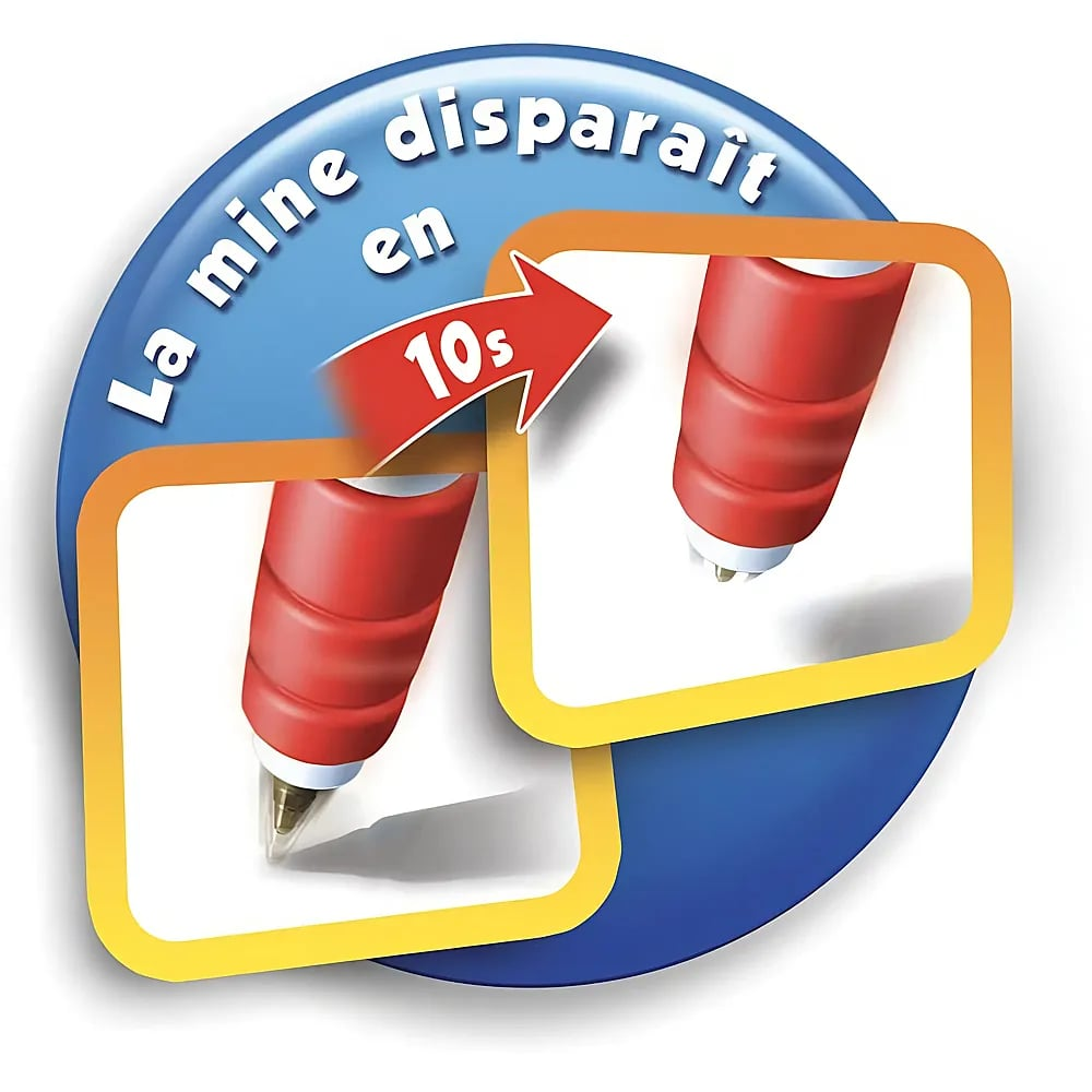 Grafica che mostra una penna rossa la cui punta scompare in 10 secondi, circondata da testo.
