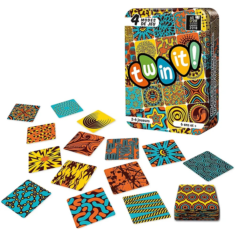 Le jeu de cartes Twin It! présente des cartes colorées aux motifs variés et sa boîte en métal.