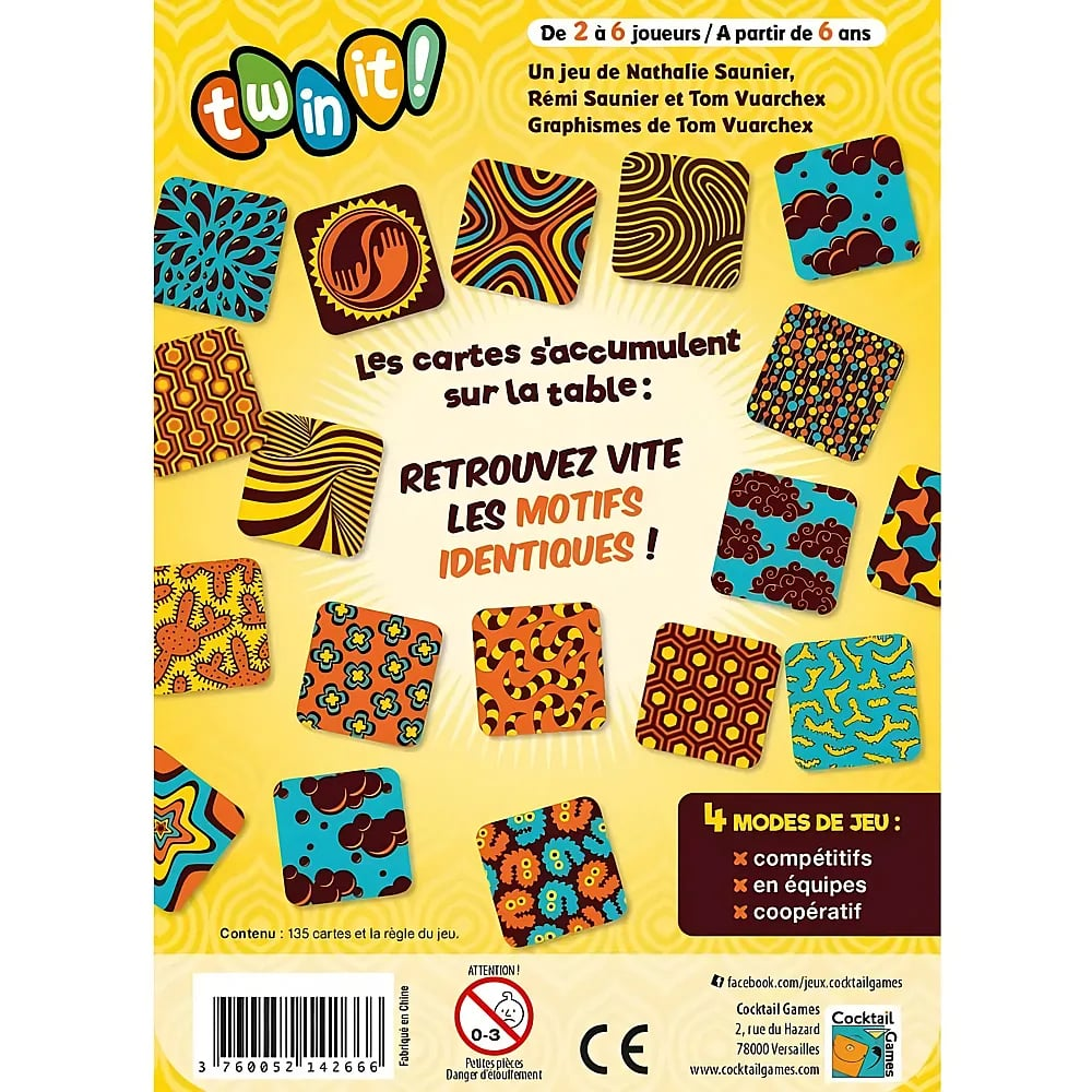 Dos de la boîte du jeu Twin It! avec des motifs colorés et des infos sur fond jaune.