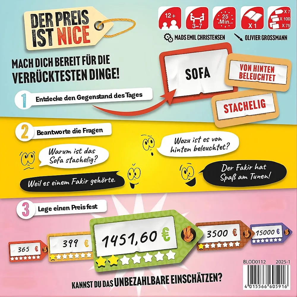 Rückseite einer Brettspielverpackung mit Spielregeln und Beispielen auf Deutsch.