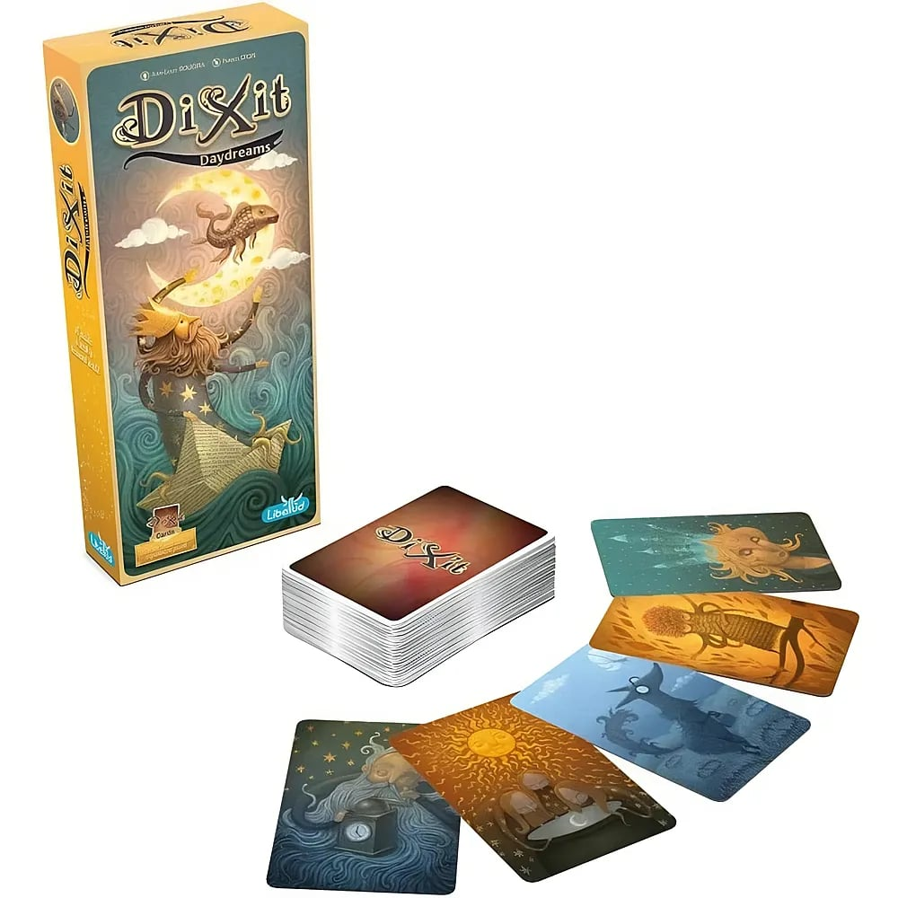 Dixit Daydreams Kartenspiel, Schachtel, ein großer Stapel Karten und fünf ausgelegte Fantasiekarten.