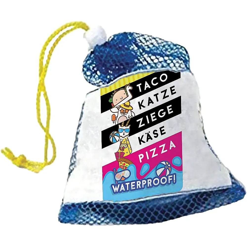 Eine blau-weiße Mesh-Tasche mit gelber Kordel und einer wasserdichten Kartenspiel-Aufschrift.