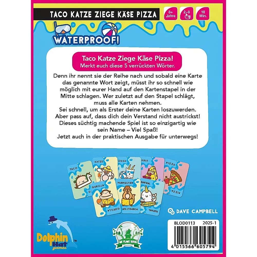 Rückseite des Kartenspiels Taco Cat Goat Cheese Pizza Waterproof mit Spielregeln und Bezahlkarten.